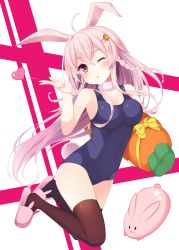 Rule 34 | 1girl, :&lt;, absurdres, ahoge, animal ears, animal slippers, bad id, bad pixiv id, bare shoulders, black thighhighs, blowing kiss, braid, bunny slippers, carrot, carrot hair ornament, chestnut mouth, choker, covered navel, food-themed hair ornament, hair ornament, hairclip, heart, highres, holding, long hair, looking at viewer, old school swimsuit, one-piece swimsuit, one eye closed, open mouth, original, pink eyes, pink hair, rabbit ears, school swimsuit, slippers, solo, swimsuit, takehana note, thighhighs, very long hair
