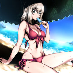 Rule 34 | 10s, 1girl, beach, beach umbrella, bikini, blue eyes, breasts, cleavage, commentary request, day, dutch angle, food, front-tie bikini top, front-tie top, girls und panzer, hair between eyes, itsumi erika, large breasts, long hair, nakahira guy, navel, popsicle, side-tie bikini bottom, silver hair, solo, sweat, swimsuit, umbrella