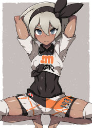 Rule 34 | 1girl, :&lt;, @ @, abs, arms up, barefoot, bea (pokemon), bodysuit, bodysuit under clothes, commentary request, covered erect nipples, covered navel, creatures (company), dark-skinned female, dark skin, denki showgun, empty eyes, front-tie top, game freak, grey eyes, grey hair, hairband, highres, hypnosis, knee pads, looking at viewer, mind control, nintendo, pokemon, pokemon swsh, short hair, shorts, simple background, solo, sportswear, spread legs, squatting, sweat, tiptoes, toned, undershirt