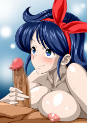 Rule 34 | 1girl, blue eyes, blue hair, blush, breast rest, breasts, censored, closed mouth, curly hair, dragon ball, erection, gradient background, hair ribbon, happy, highres, large breasts, long hair, looking at another, lunch (dragon ball), lying, matching hair/eyes, mosaic censoring, nel-zel formula, nipples, nude, penis, ribbon, simple background, smile, solo focus