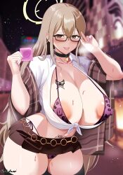 Rule 34 | 1girl, :p, absurdres, akane (blue archive), amesuku gyaru, animal print, areola slip, black choker, black thighhighs, blue archive, blush, bra, bra peek, breast tattoo, breasts, brown eyes, building, butterfly tattoo, cameltoe, choker, cleavage, cleft of venus, collarbone, condom, condom wrapper, covered erect nipples, female pubic hair, g shidoutei, glasses, gyaru, hair between eyes, halo, highres, holding, holding condom, huge breasts, jacket, kogal, large areolae, leopard print, light brown hair, looking at viewer, microskirt, navel, night, night sky, open mouth, panties, pink nails, plaid, plaid jacket, pleated skirt, print bra, pubic hair, pubic tattoo, road, school uniform, shirt, side-tie panties, signature, skirt, sky, smile, solo, star (sky), starry sky, street, sweat, tattoo, thick thighs, thighhighs, thighs, tied shirt, tongue, tongue out, underwear, white shirt