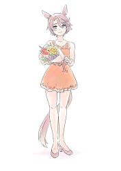 Rule 34 | 1girl, animal ears, bare arms, bare shoulders, belt, belt buckle, blue eyes, bouquet, brown belt, brown hair, buckle, closed mouth, commentary request, dress, flower, full body, hair between eyes, high heels, highres, holding, holding bouquet, horse ears, horse girl, horse tail, narita taishin (umamusume), orange dress, parted bangs, purple flower, red flower, red footwear, shadow, shoes, simple background, sleeveless, sleeveless dress, smile, solo, tail, umamusume, vent arbre, white background, yellow flower