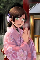 Rule 34 | 1girl, :d, black-framed eyewear, breasts, breath, brown hair, day, fang, fingernails, floral print, flower, from side, green eyes, hair flower, hair ornament, highres, japanese clothes, kimono, long sleeves, looking at viewer, looking to the side, low ponytail, masami-san (regdic), mole, mole under eye, nail polish, open mouth, original, outdoors, own hands together, pink kimono, pink nails, print kimono, regdic, short hair, shrine, smile, solo, teeth, tree, upper body, upper teeth only, wide sleeves