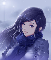 Rule 34 | 1girl, absurdres, black hair, blue eyes, blue scarf, blurry, breasts, coat, depth of field, duffel coat, expressionless, gi gi, hair blowing, highres, lamppost, leaning, long hair, looking at viewer, medium breasts, original, outdoors, overcast, parted lips, scarf, sky, snowing, solo, thick eyebrows, upper body, wind, winter clothes, winter coat