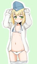Rule 34 | 1girl, blonde hair, blush, body blush, bow, bow panties, bra, clothes pull, dress shirt, elma leivonen, flat chest, garrison cap, green background, green eyes, hands on own head, hat, kunashiri (etorofu), long sleeves, navel, open clothes, open shirt, outline, panties, pantyhose, pantyhose pull, shirt, short hair, simple background, solo, strike witches, strike witches: suomus misfits squadron, underwear, white panties, world witches series