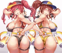 Rule 34 | 2girls, alcohol, armband, artist request, ass, bare shoulders, beer, bikini, black armband, blush, breasts, brown eyes, brown hair, butt crack, come hither, from behind, green eyes, hat, highres, huge ass, large breasts, long hair, looking at viewer, looking back, multiple girls, open mouth, original, ponytail, purple eyes, red hair, shiny skin, sideboob, smile, swimsuit, thigh gap, thigh strap, tongue, tongue out, twintails