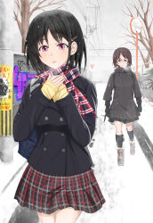Rule 34 | 2girls, bag, bare tree, black coat, black gloves, black hair, black skirt, black socks, blue bag, blue eyes, boots, breath, brick wall, broken mirror, brown footwear, brown hair, buttons, cardigan, carrying bag, coat, combat knife, cowboy shot, day, double-breasted, erikku (kata235), full body, gloves, graffiti, grey sky, hair ornament, hairclip, hands on own chest, highres, holding, holding knife, holding weapon, hood, hood down, hooded coat, knife, layered sleeves, long sleeves, looking ahead, looking at another, mirror, multicolored clothes, multicolored skirt, multiple girls, original, outdoors, own hands together, parted lips, peacoat, plaid, plaid skirt, pleated skirt, pocket, poster (object), power lines, purple eyes, red skirt, road sign, school bag, short hair, sign, skirt, sky, snow, snow on tree, snowing, socks, solo focus, standing, stop sign, traffic mirror, tree, utility pole, walking, weapon, winter, winter clothes, yellow cardigan