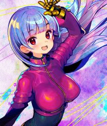 Rule 34 | 1girl, :d, blue hair, blush, bodysuit, breasts, cropped jacket, gloves, jacket, kula diamond, large breasts, long hair, long sleeves, looking at viewer, multicolored hair, onono imoko, open mouth, pink hair, red eyes, smile, solo, the king of fighters, upper body, zipper