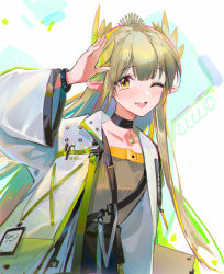 Rule 34 | 1girl, ;d, arknights, black choker, blush, bracelet, brown shirt, choker, coat, collarbone, elf, female focus, green hair, highres, infection monitor (arknights), jewelry, laurel crown, long hair, long sleeves, looking at viewer, luuuo (luuuo0102), mole, mole under eye, muelsyse (arknights), one eye closed, open clothes, open coat, open mouth, pointy ears, shirt, smile, solo, upper body, very long hair, white coat, yellow eyes