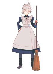 Rule 34 | 1girl, alternate costume, apron, black footwear, blue dress, boots, broom, closed mouth, commentary request, dou (mame eee), dress, enmaided, front-seamed legwear, full body, grey eyes, grey hair, gundam, gundam suisei no majo, hair between eyes, hair up, high heel boots, high heels, highres, holding, holding broom, juliet sleeves, long sleeves, looking at viewer, maid, maid apron, maid headdress, miorine rembran, puffy sleeves, seamed legwear, simple background, solo, standing, swept bangs, white apron, white background
