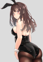 Rule 34 | 1girl, animal ears, arms at sides, ass, back, backless leotard, bare shoulders, blush, breasts, brown eyes, brown hair, cowboy shot, cuffs, degicat, fake animal ears, from behind, grey background, highres, idolmaster, idolmaster shiny colors, large breasts, leotard, long hair, looking back, looking to the side, pantyhose, playboy bunny, rabbit ears, sideboob, simple background, solo, tsukioka kogane