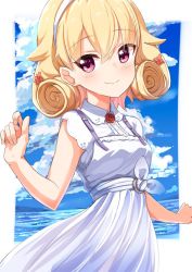 Rule 34 | 1girl, ame., azur lane, blonde hair, blue sky, blush, carabiniere (azur lane), carabiniere (refreshing sundress) (azur lane), closed mouth, cloud, cloudy sky, collared dress, commentary request, day, dress, fingernails, flower, hair between eyes, hair flaps, hair flower, hair ornament, hairband, hand up, looking at viewer, ocean, red eyes, red flower, red rose, rose, sky, sleeveless, sleeveless dress, smile, solo, water, white dress, white hairband