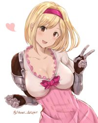Rule 34 | 10s, 1girl, :d, blonde hair, blush, breasts, brown eyes, cleavage, collarbone, djeeta (granblue fantasy), dress, fighter (granblue fantasy), gauntlets, granblue fantasy, hairband, heart, looking at viewer, medium breasts, moshoko (mizuneroku), open mouth, pink dress, puffy short sleeves, puffy sleeves, short hair, short sleeves, simple background, smile, solo, twitter username, v, white background
