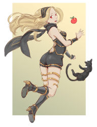 Rule 34 | 1girl, apple, ass, bare shoulders, black cat, black footwear, black leotard, black scarf, blonde hair, boots, bracer, breasts, cat, cheshirrr, dark-skinned female, dark skin, dusty (gravity daze), food, forehead, from behind, fruit, full body, gradient background, gravity daze, high heel boots, high heels, highres, kitten (gravity daze), knee boots, leotard, looking at viewer, looking back, red eyes, scarf, shoe soles, sketch, small breasts, solo, strapless, strapless leotard, teeth, thigh strap, upper teeth only, yellow background