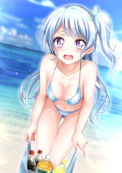 Rule 34 | 1girl, absurdres, bag, bang dream!, beach, bikini, blue hair, blue sky, breasts, cleavage, cloud, commentary request, day, feet out of frame, gluteal fold, highres, light blue hair, long hair, matsubara kanon, one side up, open mouth, outdoors, plastic bag, purple eyes, sky, small breasts, soda bottle, solo, swimsuit, thigh gap, tina1213, white bikini
