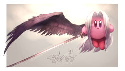 Rule 34 | absurdres, angel wings, asymmetrical wings, black wings, blush stickers, border, character request, colored skin, commentary request, copy ability, cosplay, feathered wings, feathers, final fantasy, final fantasy vii, galacta knight, gradient background, highres, holding, holding sword, holding weapon, kirby, kirby (series), large wings, long hair, looking at viewer, masamune (ff7), meta knight, nintendo, outside border, pink skin, sephiroth, sephiroth (cosplay), shiburingaru, simple background, single wing, smile, solid oval eyes, solo, spread wings, super smash bros., sword, translation request, weapon, white border, white hair, wings