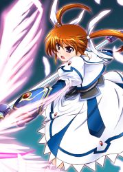 Rule 34 | 1girl, blue eyes, blush, diesel-turbo, dress, energy wings, feathers, fingerless gloves, gauntlets, gloves, glowing, long hair, lyrical nanoha, magical girl, mahou shoujo lyrical nanoha, mahou shoujo lyrical nanoha a&#039;s, mahou shoujo lyrical nanoha the movie 2nd a&#039;s, open mouth, orange hair, puffy sleeves, purple eyes, raising heart, red hair, solo, staff, takamachi nanoha, twintails, wings