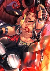 Rule 34 | 1boy, abs, alternate costume, bara, bellsaltr, chest tattoo, collarbone, drumming, horns, ifrit (housamo), looking at viewer, male focus, muscular, nipples, pectorals, pointy ears, red eyes, red hair, topless male, solo, spiked hair, tattoo, thick thighs, thighs, tokyo houkago summoners, upper body