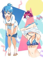 Rule 34 | 2girls, armpits, arms up, bare arms, bare legs, bikini, bikini under clothes, blue eyes, blue hair, bow, breasts, collarbone, commentary, covered eyes, denim, english commentary, gloamy, grin, hair bow, halterneck, highres, leaning forward, looking at another, looking down, mahou shoujo madoka magica, mahou shoujo madoka magica (anime), medium hair, miki sayaka, multiple girls, multiple views, navel, open mouth, plaid, plaid bikini, plaid swimsuit, red hair, sakura kyoko, sandals, shirt, shirt over head, short sleeves, shorts, small breasts, smile, spiked hair, standing, stomach, swimsuit, t-shirt, toes, undressing, wide-eyed, yuri