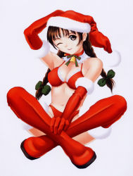 Rule 34 | 1girl, bare shoulders, bell, boots, braid, brown eyes, brown hair, christmas, gloves, hair ribbon, hat, indian style, midriff, one eye closed, red gloves, ribbon, santa costume, santa hat, scan, simple background, sitting, smile, solo, thigh boots, thighhighs, tony taka, twin braids, twintails, white background