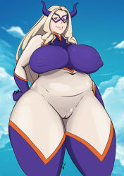 Rule 34 | 10s, 1girl, absurdres, artist request, blonde hair, boku no hero academia, breasts, cameltoe, covered navel, domino mask, giant, giantess, highres, horns, huge breasts, long hair, looking at viewer, mask, mount lady, plump, smile, solo, standing, mount lady, thick thighs, thighs, wide hips