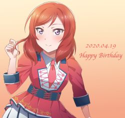 Rule 34 | 1girl, anniversary, artist name, artist request, blush, collared shirt, dress, female focus, hair between eyes, hair over shoulder, hairband, lili yane, looking at viewer, love live!, love live! school idol festival, love live! school idol project, nishikino maki, parted lips, playing with own hair, purple eyes, red dress, red hair, red neckwear, red skirt, shirt, short hair, skirt, smile, solo, white skirt, yanekawara