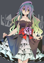 Rule 34 | 1girl, adapted costume, alternate costume, aoi kujira, bare shoulders, black dress, blonde hair, breasts, bright pupils, cleavage, clothes lift, cross-laced clothes, dress, dress lift, flower, gradient hair, grey background, hair between eyes, head tilt, hijiri byakuren, large breasts, legs together, long hair, looking at viewer, multicolored hair, pleated skirt, purple hair, sash, skirt, skirt hold, smile, solo, sorcerer&#039;s sutra scroll, strapless, strapless dress, touhou, white pupils, yellow eyes