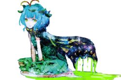 Rule 34 | 1girl, antennae, aqua hair, barefoot, blue hair, butterfly wings, dress, eternity larva, full body, green dress, hair ornament, highres, insect wings, kneeling, leaf, leaf hair ornament, leaf on head, looking at viewer, open mouth, sano naoi, short hair, short sleeves, simple background, sitting, solo, touhou, white background, wings