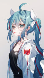 Rule 34 | 1girl, :p, ahoge, black camisole, blue eyes, blue hair, breasts, camisole, chinese commentary, cleavage, closed mouth, collarbone, commentary, drawstring, grey background, hair between eyes, hair ribbon, hatsune miku, highres, hood, hood down, hooded jacket, jacket, long hair, looking at viewer, open clothes, open jacket, qys3, ribbon, signature, simple background, small breasts, solo, tongue, tongue out, twintails, v-shaped eyebrows, very long hair, vocaloid, white jacket, white ribbon