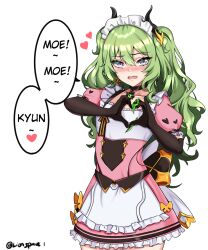 Rule 34 | 1girl, :o, alternate costume, apron, artist name, black gloves, blush, claw ring, dress, earrings, elbow gloves, enmaided, frilled apron, frilled dress, frills, gloves, green eyes, green hair, hair ornament, heart, heart hands, highres, honkai (series), honkai impact 3rd, jewelry, lion space, long hair, looking at viewer, maid, maid apron, maid headdress, mobius (honkai impact), open mouth, pink dress, puffy short sleeves, puffy sleeves, short sleeves, simple background, single earring, slit pupils, solo, upper body, waist apron, wavy hair, white apron, white background