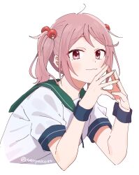 Rule 34 | 1girl, blush, closed mouth, cropped torso, green sailor collar, hair bobbles, hair ornament, highres, kantai collection, looking at viewer, pink eyes, pink hair, sailor collar, sazanami (kancolle), school uniform, serafuku, short sleeves, short twintails, simple background, solo, steepled fingers, tenyako (mirasato24), twintails, twitter username, upper body, white background