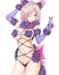 Rule 34 | 1girl, animal ear fluff, animal ears, arm up, black panties, blush, bow, breasts, closed mouth, cowboy shot, elbow gloves, fate/grand order, fate (series), fox ears, fox tail, fur-trimmed gloves, fur collar, fur trim, gloves, hair over one eye, hand up, highres, large bow, large breasts, looking at viewer, mash kyrielight, mash kyrielight (dangerous beast), navel, o-ring, o-ring bottom, o-ring top, official alternate costume, panties, purple bow, purple eyes, purple gloves, purple hair, revealing clothes, short hair, silver (chenwen), simple background, smile, solo, tail, thighs, tsurime, underwear, v, white background, wolf ears, wolf tail