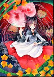 Rule 34 | 1girl, animal ears, autumn leaves, bamboo, brooch, brown dress, colored pencil (medium), dress, fingernails, flower, framed, full moon, highres, imaizumi kagerou, jewelry, long fingernails, long hair, long sleeves, looking at viewer, moon, mosho, nail polish, painting (medium), pink eyes, red moon, red nails, red sky, shirt, skirt, sky, smile, solo, tail, touhou, traditional media, very long hair, watercolor (medium), wide sleeves, wolf ears, wolf tail