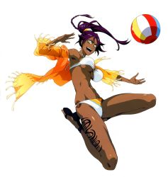 Rule 34 | 1girl, bare arms, bare legs, bare shoulders, bikini, bleach, bleach: brave souls, breasts, card, dark-skinned female, dark skin, female focus, food, fruit, full body, high ponytail, highres, kubo tite, large breasts, legs, long hair, looking at viewer, lying, official art, ponytail, purple hair, sandals, shihouin yoruichi, shiny skin, smile, solo, swimsuit, tattoo, underboob, very long hair, watermelon, white background, white bikini, yellow eyes