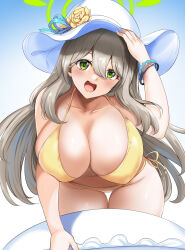 Rule 34 | 1girl, :d, bare arms, bikini, blue archive, blush, bracelet, breasts, brown hair, cleavage, collarbone, flower, gradient background, green eyes, hair between eyes, halo, hat, hat flower, highres, hinata sora, innertube, jewelry, large breasts, leaning forward, navel, nonomi (blue archive), nonomi (swimsuit) (blue archive), official alternate costume, one eye closed, open mouth, simple background, smile, solo, sun hat, swim ring, swimsuit, teeth, thigh gap, upper teeth only, yellow bikini