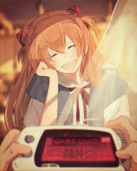 Rule 34 | 1boy, 1girl, blush, closed eyes, game console, highres, interface headset, looking at viewer, neon genesis evangelion, open mouth, orange hair, school uniform, sitting, souryuu asuka langley, tokyo-3 middle school uniform, two side up, yakankome