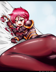 Rule 34 | 1girl, armor, artist request, bed, blush, breasts, fang, ironscale shyvana, league of legends, long hair, lying, on bed, on side, open mouth, orange eyes, red hair, shyvana, solo