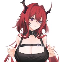 Rule 34 | 1girl, arknights, bare shoulders, black collar, black dress, breasts, cleavage, collar, demon horns, detached collar, dress, hair between eyes, hair intakes, hands up, highres, horns, l.v.c., large breasts, long hair, looking at viewer, purple eyes, simple background, sleeveless, sleeveless dress, smile, solo, surtr (arknights), upper body, white background