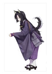Rule 34 | 1girl, absurdres, animal ears, arknights, black footwear, black hair, black tail, brown eyes, chinese commentary, closed mouth, commentary request, facial mark, forehead mark, full body, geta, grey tail, hair intakes, hakama, hakama pants, highres, japanese clothes, kimono, leaning, leaning forward, long hair, long sleeves, looking down, pants, parted bangs, partial commentary, purple kimono, purple pants, sadman, saga (arknights), sandals, simple background, smile, socks, solo, split mouth, standing, tabi, tail, tail raised, white background, white socks, wide sleeves