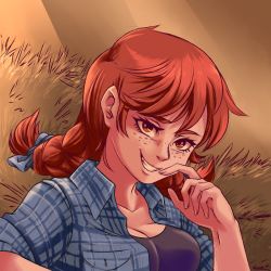 Rule 34 | 1girl, bow, braid, breasts, cleavage, collarbone, freckles, grin, hair bow, highres, light, medium breasts, plague of gripes, plaid, plaid shirt, red eyes, red hair, shirt, smile, smug, solo, twin braids, upper body, wendy&#039;s, wendy (wendy&#039;s)