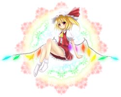 Rule 34 | 1girl, blonde hair, blush, bobby socks, colorized, embodiment of scarlet devil, female focus, flandre scarlet, hat, highres, looking at viewer, mihoco, mob cap, red eyes, socks, solo, suisai (suisao), touhou