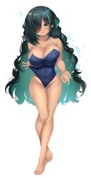 Rule 34 | 1girl, absurdres, amakarashi, bare shoulders, barefoot, black hair, blue one-piece swimsuit, breasts, cameltoe, character request, cleft of venus, collarbone, colored inner hair, commission, competition school swimsuit, covered navel, dark-skinned female, dark skin, full body, green hair, hair over one eye, highres, large breasts, multicolored hair, one-piece swimsuit, parted lips, pixiv commission, pointy ears, school swimsuit, solo, streaked hair, succubus academia, swimsuit, tan, tanline, thigh gap, water