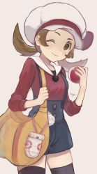 Rule 34 | 1girl, bag, black thighhighs, blue overalls, blush, brown eyes, brown hair, closed mouth, commentary, cowboy shot, creatures (company), eyelashes, game freak, hagi machico, hat, hat ribbon, highres, holding, holding poke ball, holding strap, looking at viewer, lyra (pokemon), nintendo, one eye closed, overalls, poke ball, poke ball (basic), pokegear, pokemon, pokemon hgss, ribbon, smile, solo, thighhighs, twintails, white background, white hat