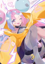 Rule 34 | abe (kumayu), blue hair, bow-shaped hair, character hair ornament, creatures (company), game freak, grey pantyhose, hair ornament, heart, hexagon print, highres, iono (pokemon), jacket, light blue hair, long hair, low-tied long hair, multicolored hair, nintendo, oversized clothes, pantyhose, pink hair, pokemon, pokemon sv, sharp teeth, single leg pantyhose, sleeves past fingers, sleeves past wrists, split-color hair, teeth, two-tone hair, very long sleeves, yellow jacket