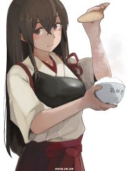 Rule 34 | 1girl, air kon, akagi (kancolle), bowl, brown eyes, brown hair, closed mouth, commentary, dated, food, food on face, hakama, hakama short skirt, hakama skirt, japanese clothes, kantai collection, long hair, looking at viewer, muneate, nontraditional miko, rice, rice bowl, rice on face, shamoji, simple background, skirt, solo, straight hair, tasuki, translated, white background