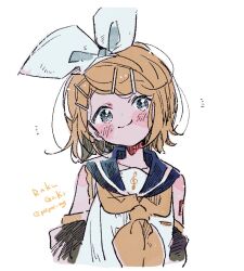 Rule 34 | 1girl, arms behind back, bare shoulders, blonde hair, blue eyes, blush stickers, bow, collarbone, detached sleeves, hair bow, hair ornament, hairclip, hazime, head tilt, kagamine rin, looking at viewer, neckerchief, sailor collar, shirt, short hair, shoulder tattoo, sleeveless, sleeveless shirt, smile, solo, tattoo, treble clef, upper body, vocaloid, white bow, yellow neckerchief