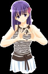 Rule 34 | 00s, 1girl, artist request, black eyes, blush, bow, fate/stay night, fate (series), hair bow, hair ornament, heart, heart hands, long hair, looking at viewer, matou sakura, purple eyes, purple hair, skirt, smile, solo, standing, striped, tank top, transparent background, white skirt