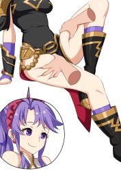 Rule 34 | alternate costume, boots, breasts, commission, disembodied hand, earrings, fire emblem, fire emblem: genealogy of the holy war, high ponytail, highres, igni tion, jewelry, medium breasts, nintendo, official alternate costume, ponytail, purple eyes, purple hair, tailtiu (fire emblem), tailtiu (resplendent) (fire emblem), thigh grab
