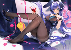 Rule 34 | 1girl, alcohol, animal ears, arm strap, azur lane, bare shoulders, black footwear, black pantyhose, blue eyes, blue hair, blue necktie, blush, breasts, closed mouth, cup, drinking glass, fake animal ears, high heels, highres, large breasts, legs, leotard, manjuu (azur lane), necktie, new jersey (azur lane), new jersey (exhilarating steps!) (azur lane), official alternate costume, pantyhose, patent heels, petals, pillow, playboy bunny, pumps, rabbit ears, shoes, smile, solo, stiletto heels, thighband pantyhose, thighs, wine, wine glass, wristband, yayako (804907150)
