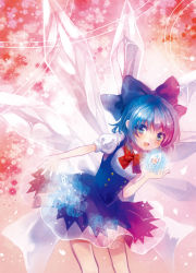 Rule 34 | 1girl, blue dress, blue eyes, blue hair, bow, buttons, cirno, crystal, dress, floral background, gradient background, hair bow, ice, leaning, looking at viewer, matching hair/eyes, open hand, open mouth, outstretched arm, puffy short sleeves, puffy sleeves, short hair, short sleeves, solo, touhou, wings, yutsuka (amyucca)
